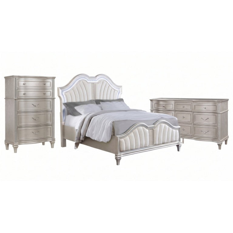 English Elm Rosalind Queen Bedroom Set Ivory Chenille Arch Bed Glam Silver Oak Pearl Hardware B2777S00331