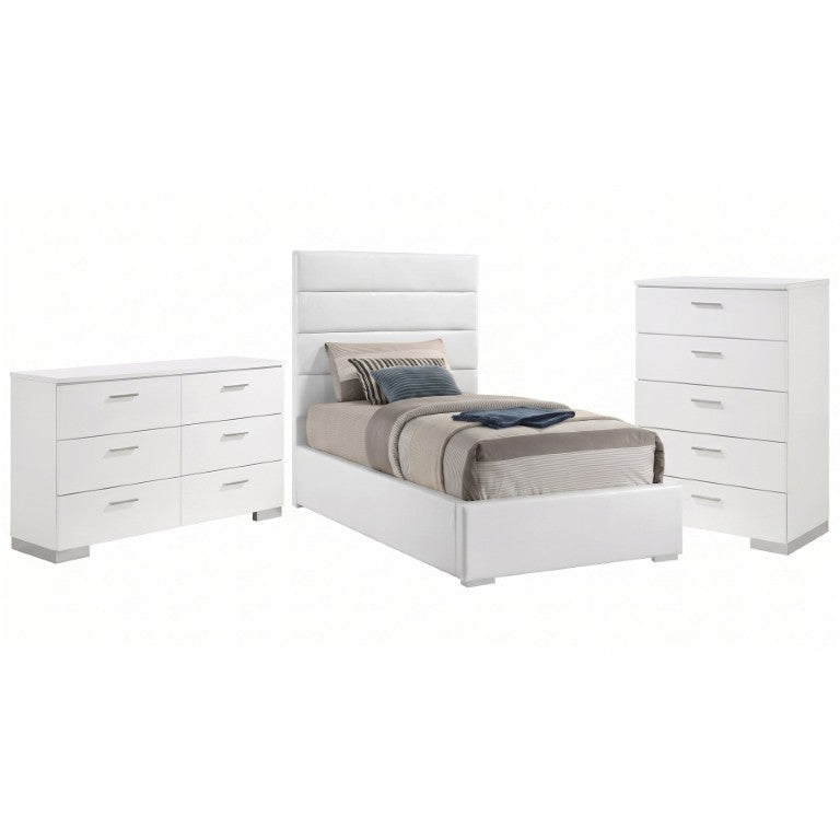 English Elm Genevieve Faux Leather Channel Tufted Twin Bed Set with High Gloss White Storage B2777S00332