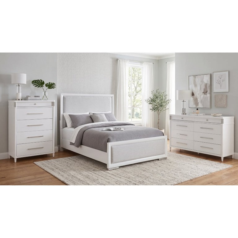 English Elm Hollowbrook White Queen Bedroom Set with Herringbone Upholstered Bed and Storage B2777S00337