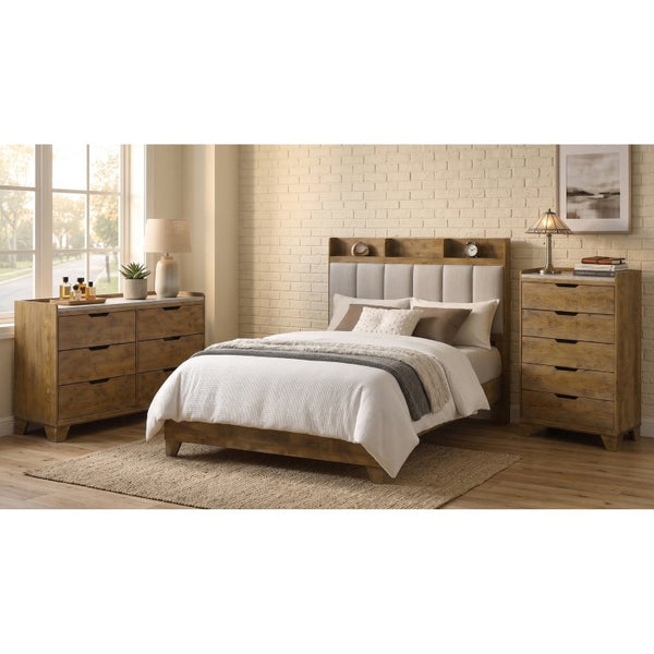 English Elm Whitfield Queen Bedroom Set Oak Grain Upholstered Headboard Faux Marble Storage B2777S00339