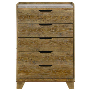 English Elm Whitfield Queen Bedroom Set Oak Grain Upholstered Headboard Faux Marble Storage B2777S00339