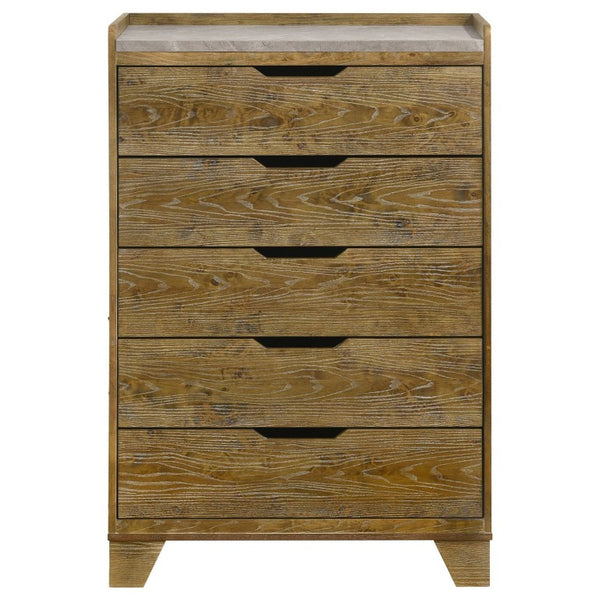 English Elm Whitfield Queen Bedroom Set Oak Grain Upholstered Headboard Faux Marble Storage B2777S00339