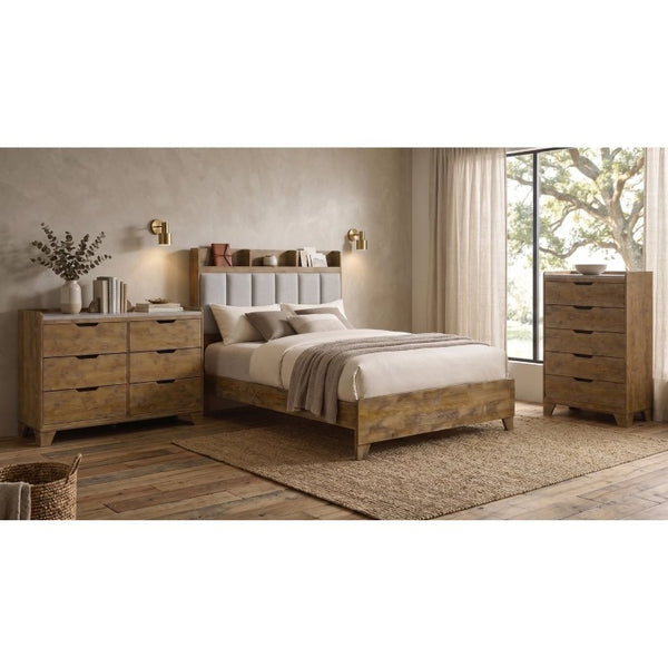 English Elm Whitfield Queen Bedroom Set Oak Grain Upholstered Headboard Faux Marble Storage B2777S00339