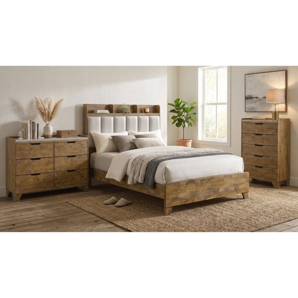 English Elm Whitfield Queen Bedroom Set Oak Grain Upholstered Headboard Faux Marble Storage B2777S00339