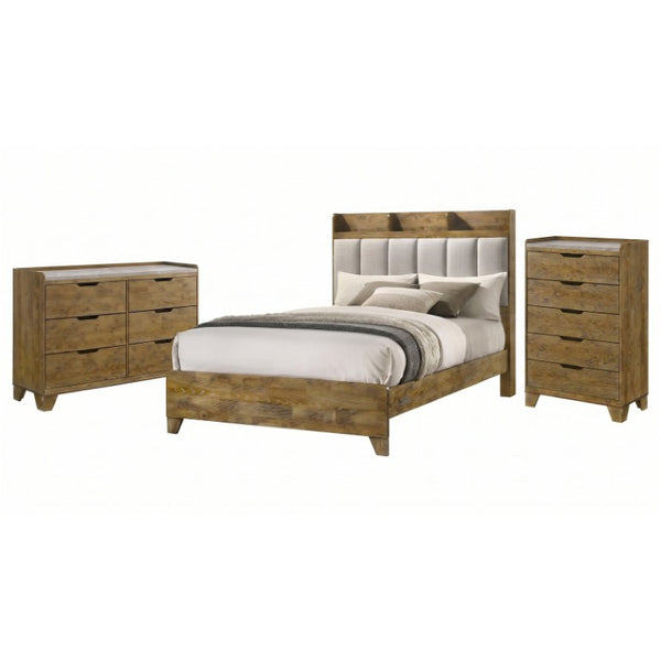 English Elm Whitfield Queen Bedroom Set Oak Grain Upholstered Headboard Faux Marble Storage B2777S00339