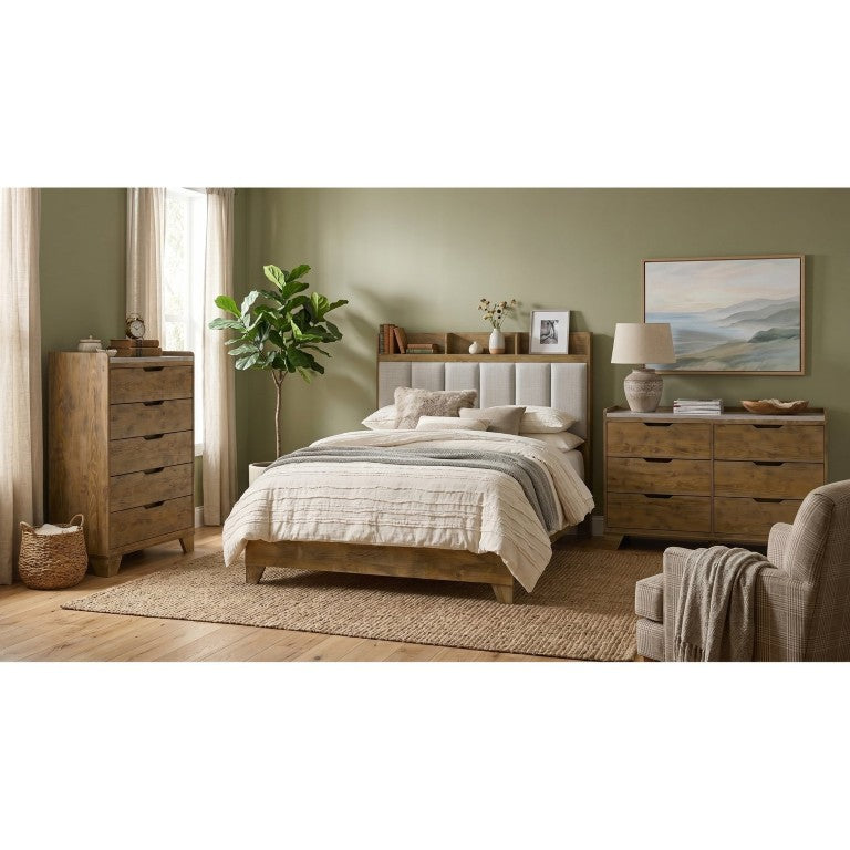 English Elm Whitfield Eastern King Bedroom Set with Oak Finish Upholstered Bed and Marble Tops B2777S00340
