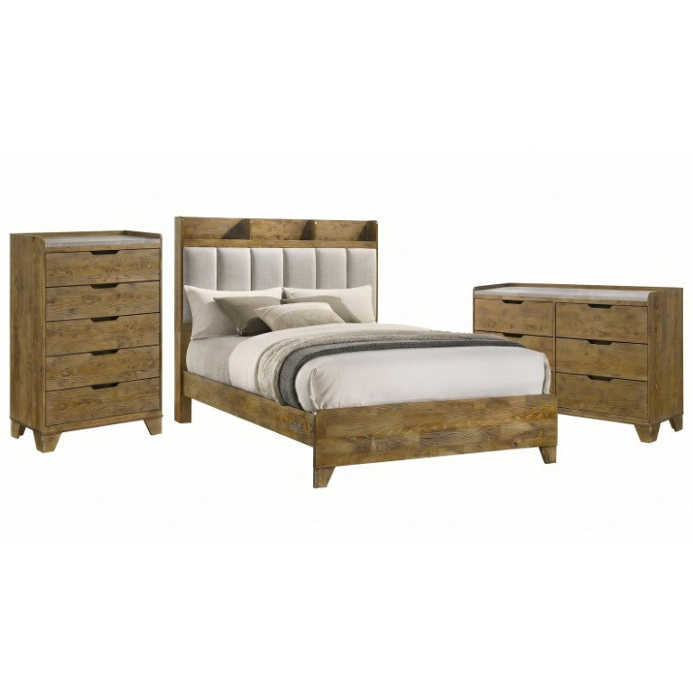 English Elm Whitfield Eastern King Bedroom Set with Oak Finish Upholstered Bed and Marble Tops B2777S00340