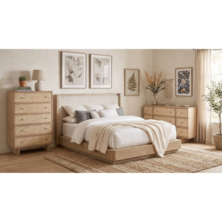 English Elm Malani Queen Bedroom Set with Wingback Bed Oak Veneer Dresser and Cane Accents B2777S00342