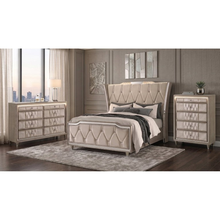 English Elm Provence Queen Velvet Wingback Bedroom Set with LED Lighting and Crystal Knobs B2777S00358
