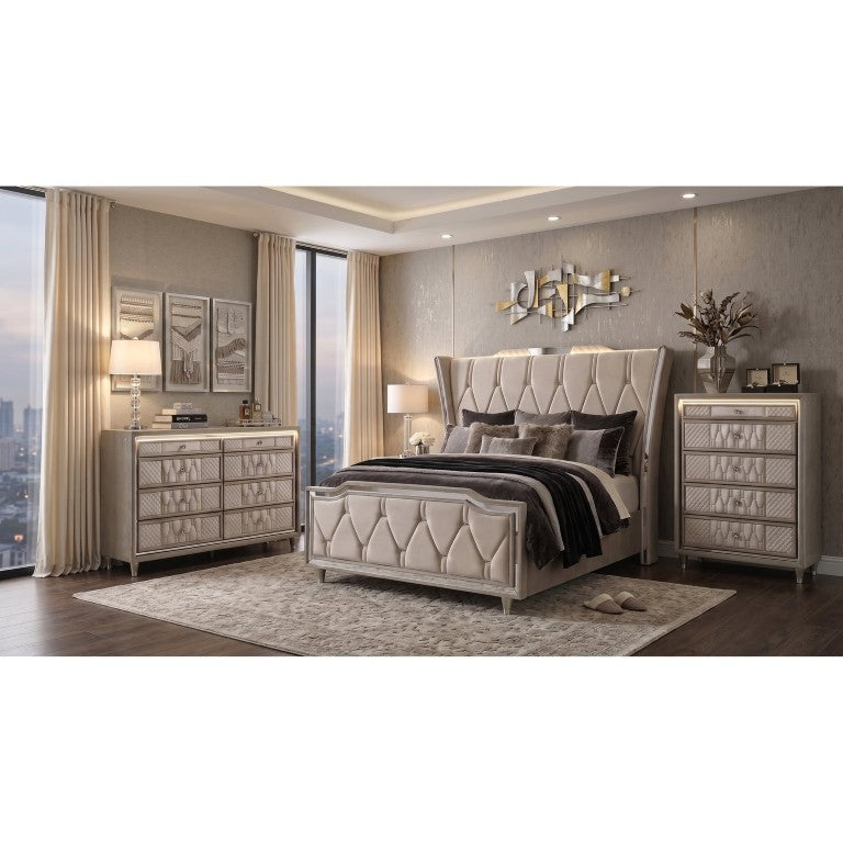 English Elm Provence Queen Velvet Wingback Bedroom Set with LED Lighting and Crystal Knobs B2777S00358
