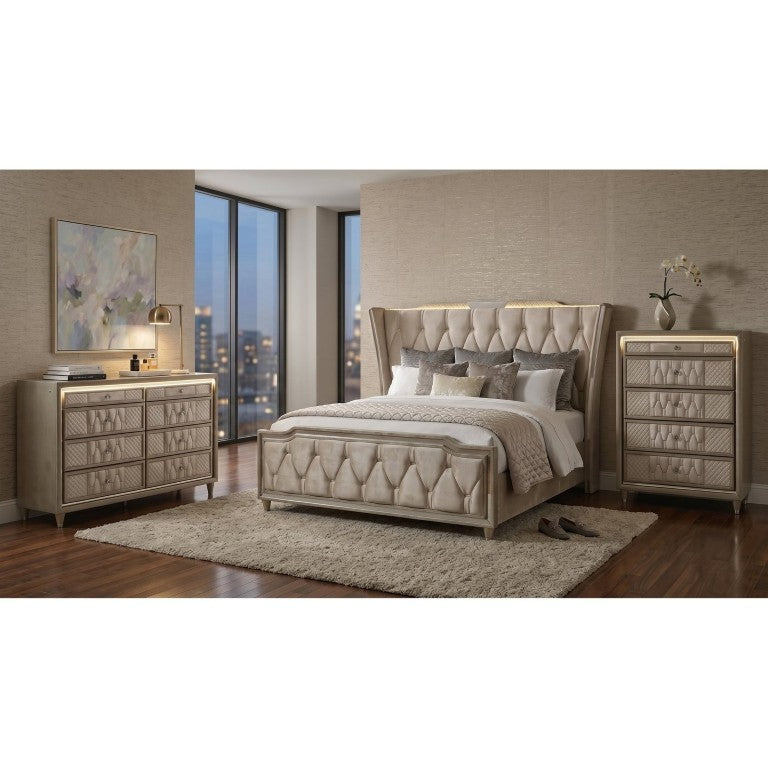 English Elm Provence Velvet Wingback Bedroom Set with LED Lighting Crystal Knobs Tufted Glam Design B2777S00362