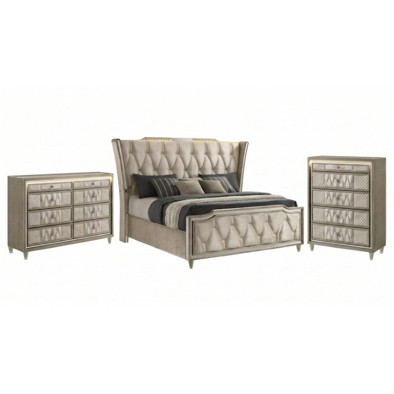 English Elm Provence Velvet Wingback Bedroom Set with LED Lighting Crystal Knobs Tufted Glam Design B2777S00362
