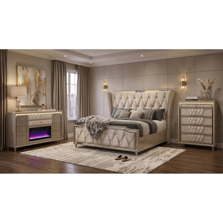 English Elm Provence Velvet Wingback Eastern King Bedroom Set with LED Lighting and Crystal Knobs B2777S00364