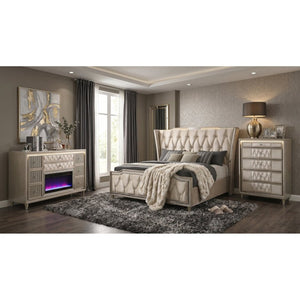 English Elm Provence Velvet Wingback Eastern King Bedroom Set with LED Lighting and Crystal Knobs B2777S00364