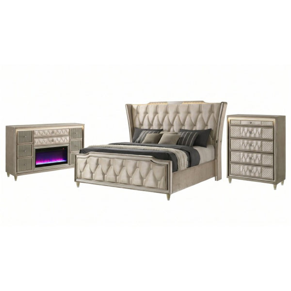 English Elm Provence Velvet Wingback Eastern King Bedroom Set with LED Lighting and Crystal Knobs B2777S00364