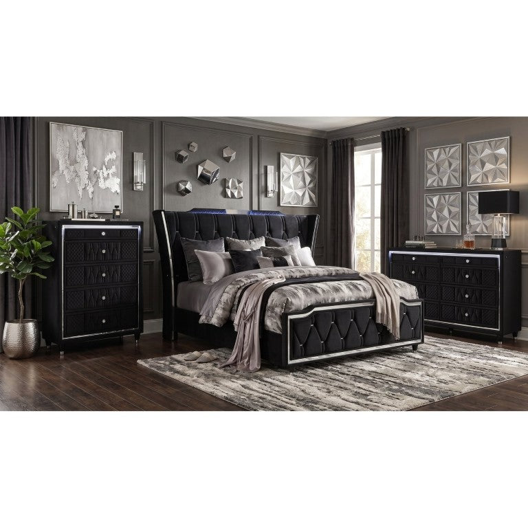 English Elm Provence Black Velvet Eastern King Bedroom Set with LED Lighting and Crystal Knobs B2777S00368