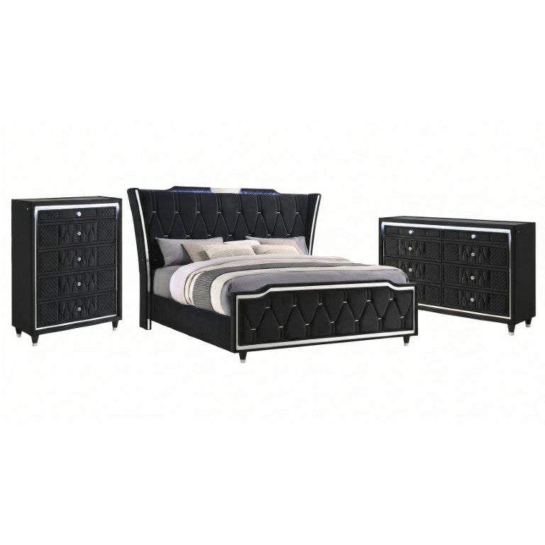 English Elm Provence Black Velvet Eastern King Bedroom Set with LED Lighting and Crystal Knobs B2777S00368