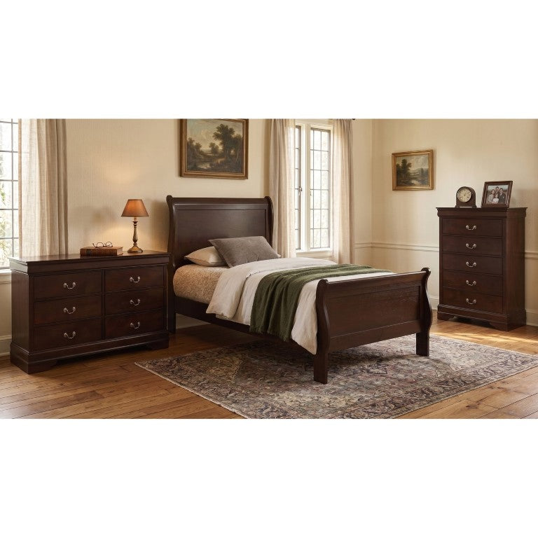 English Elm Henri Charles Louis Philippe Sleigh Bed Twin Bedroom Set in Warm Cappuccino Wood B2777S00373