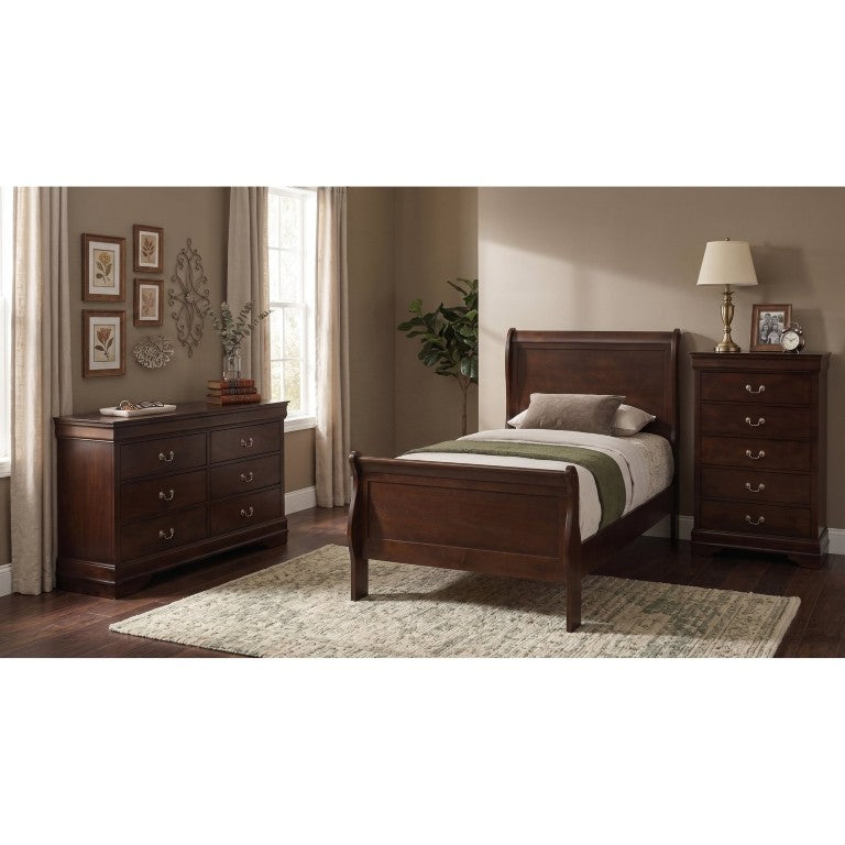 English Elm Henri Charles Louis Philippe Sleigh Bed Twin Bedroom Set in Warm Cappuccino Wood B2777S00373