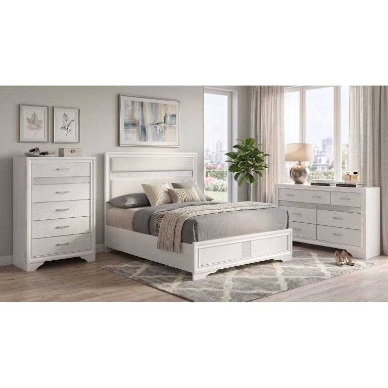 English Elm Isadora Glam White Queen Bedroom Set with Crystal Pulls and Glitter Panel Accents B2777S00387
