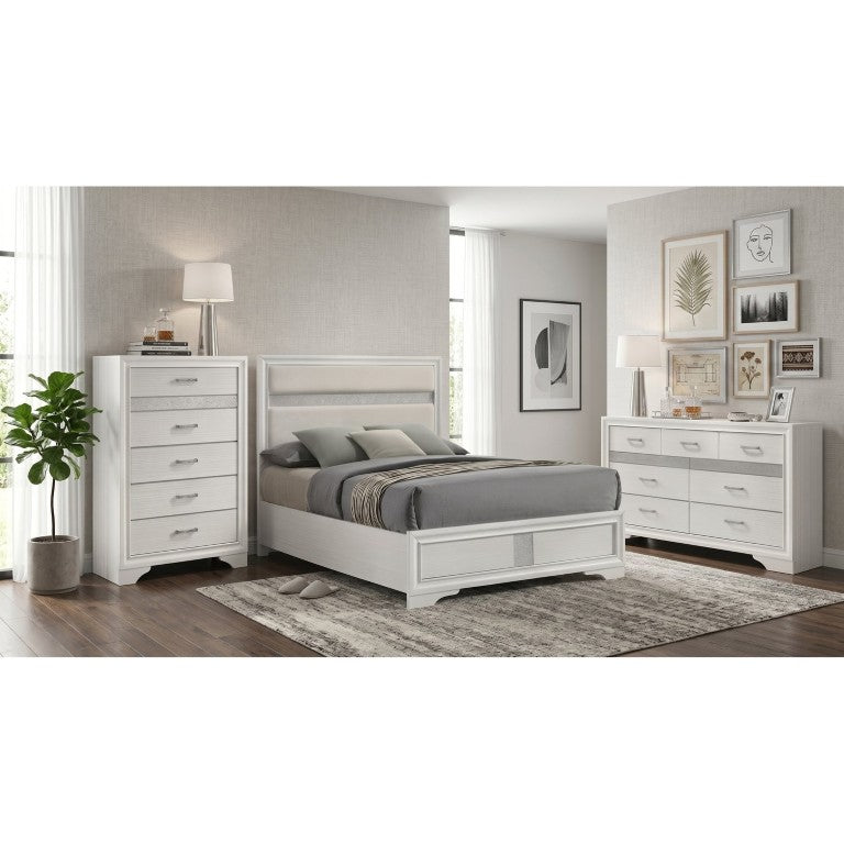 English Elm Isadora Glam White Queen Bedroom Set with Crystal Pulls and Glitter Panel Accents B2777S00387
