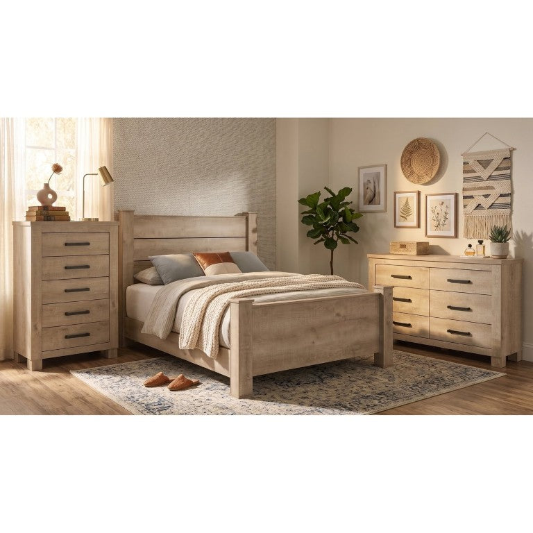 English Elm Cedarvale Queen Panel Bed Dresser and Chest Set in Weathered Oak Farmhouse Finish B2777S00393