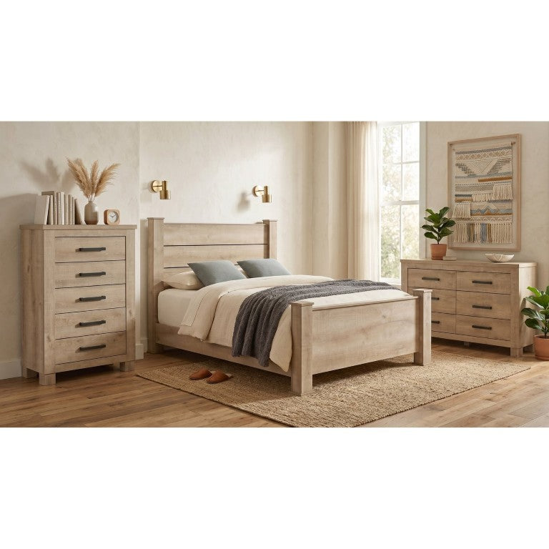 English Elm Cedarvale Queen Panel Bed Dresser and Chest Set in Weathered Oak Farmhouse Finish B2777S00393