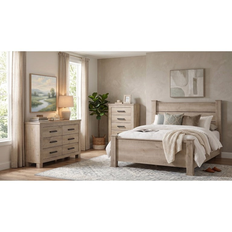 English Elm Cedarvale Rustic Modern Eastern King Bedroom Set with Weathered Oak Grain and Bronze Hardware B2777S00394