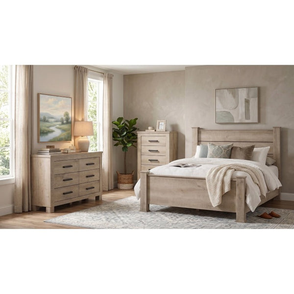 English Elm Cedarvale Rustic Modern Eastern King Bedroom Set with Weathered Oak Grain and Bronze Hardware B2777S00394