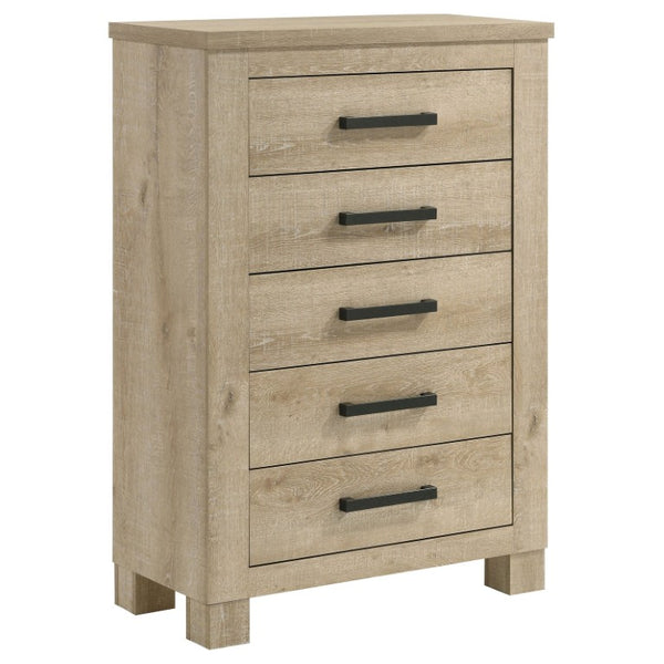 English Elm Cedarvale Rustic Modern Eastern King Bedroom Set with Weathered Oak Grain and Bronze Hardware B2777S00394