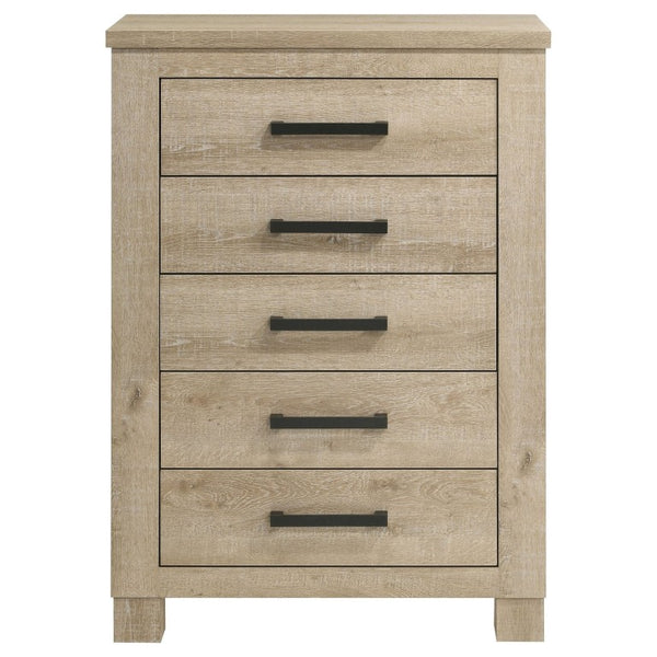 English Elm Cedarvale Rustic Modern Eastern King Bedroom Set with Weathered Oak Grain and Bronze Hardware B2777S00394