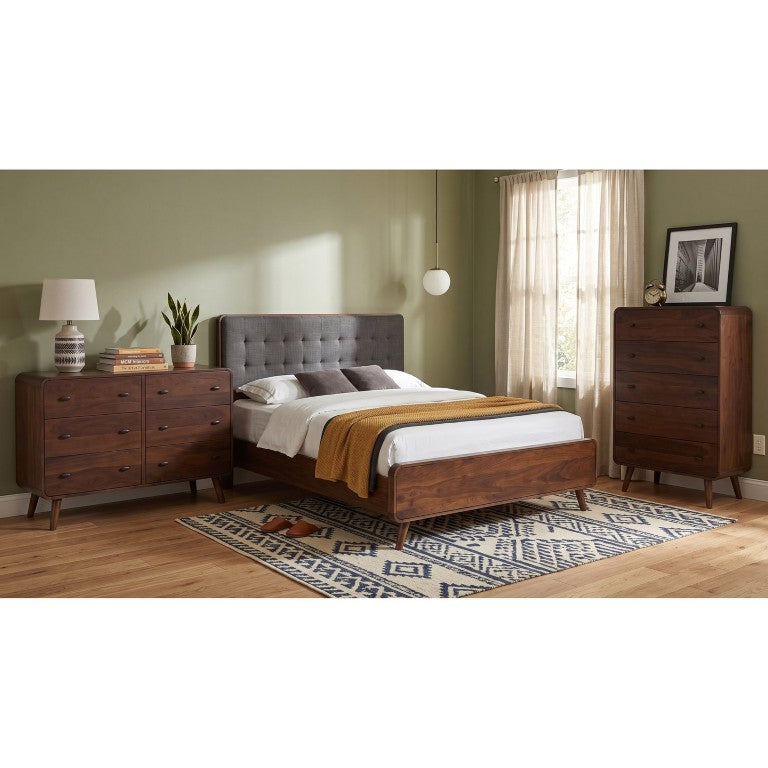 English Elm Wren Mid-Century King Bedroom Set with Tufted Headboard and Dark Walnut Veneer B2777S00398