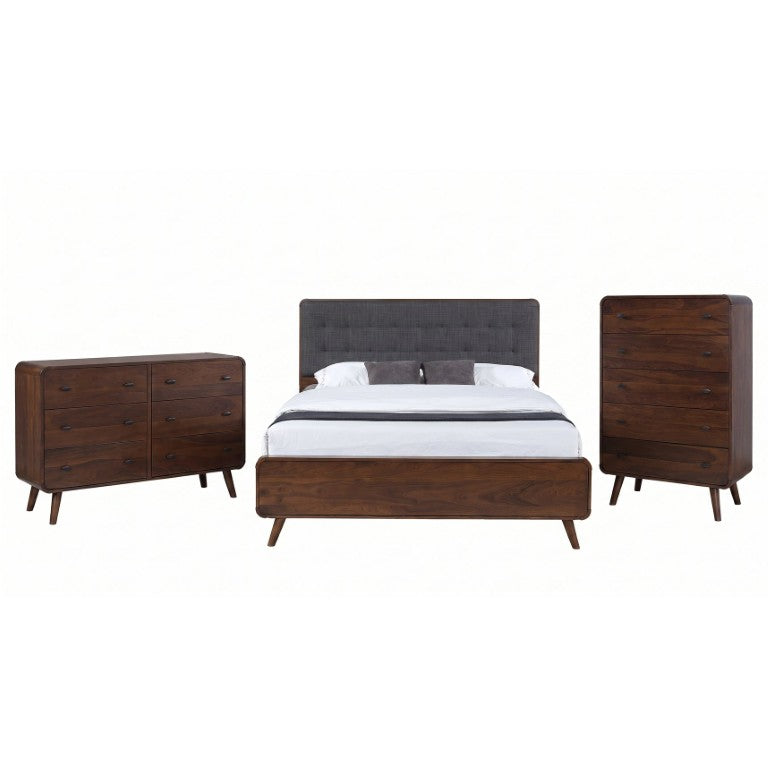English Elm Wren Mid-Century King Bedroom Set with Tufted Headboard and Dark Walnut Veneer B2777S00398