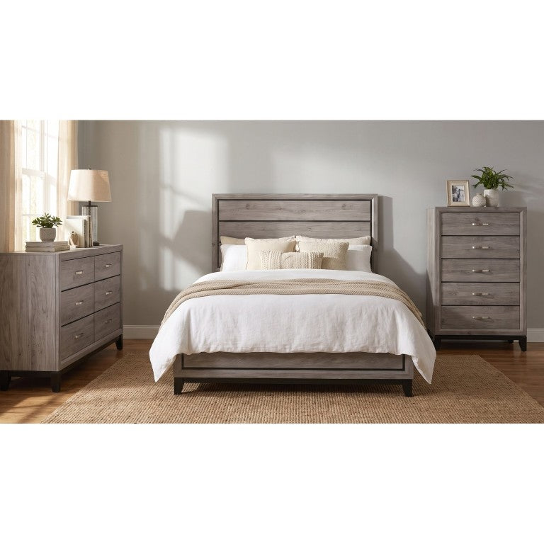 English Elm Sutter Queen Panel Bed Set with Groove Detailing Dresser and Chest in Taupe B2777S00399