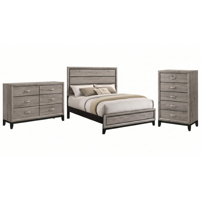 English Elm Sutter Queen Panel Bed Set with Groove Detailing Dresser and Chest in Taupe B2777S00399