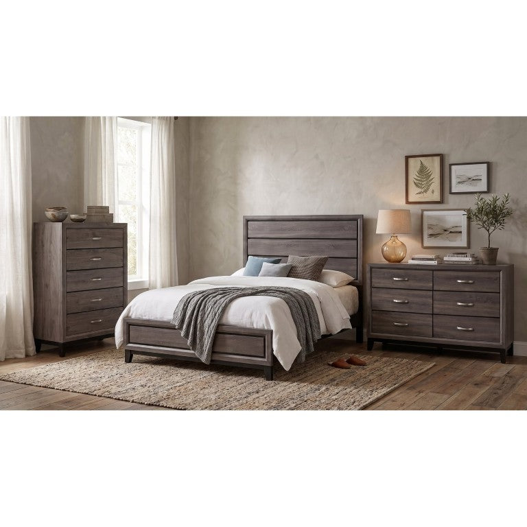English Elm Sutter Grey Oak Queen Bedroom Set with Grooved Panel Bed Dresser and Chest B2777S00403