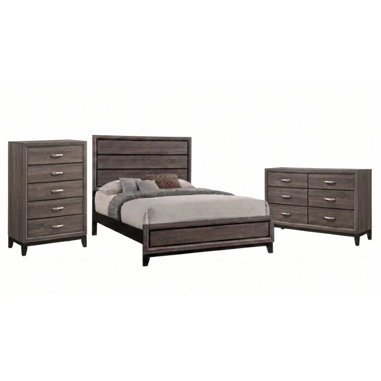 English Elm Sutter Grey Oak Queen Bedroom Set with Grooved Panel Bed Dresser and Chest B2777S00403