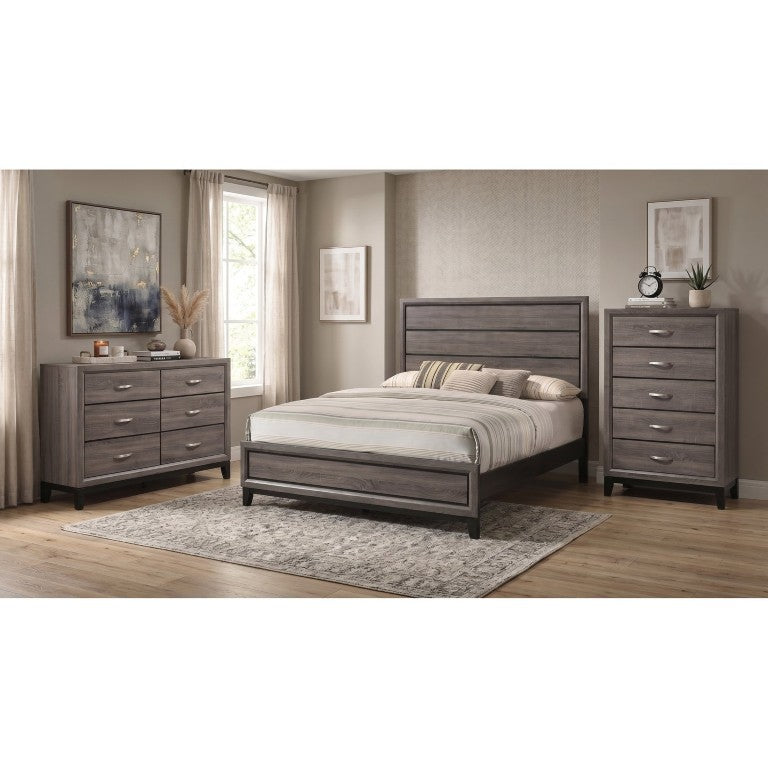English Elm Sutter Grey Oak Eastern King Bedroom Set with Groove Panel Bed and Nickel Pulls B2777S00404