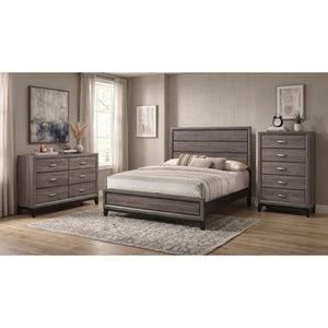 English Elm Sutter Grey Oak Eastern King Bedroom Set with Groove Panel Bed and Nickel Pulls B2777S00404