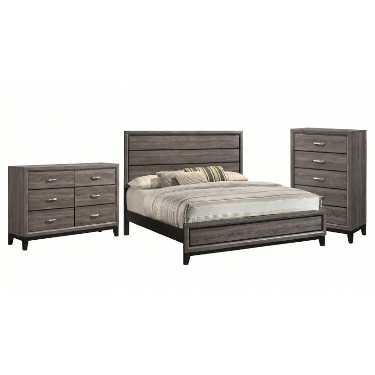 English Elm Sutter Grey Oak Eastern King Bedroom Set with Groove Panel Bed and Nickel Pulls B2777S00404