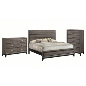 English Elm Sutter Grey Oak Eastern King Bedroom Set with Groove Panel Bed and Nickel Pulls B2777S00404
