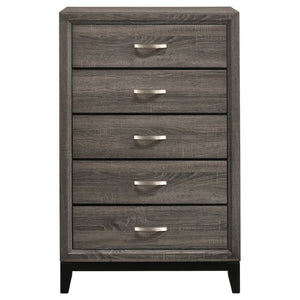 English Elm Sutter Grey Oak Eastern King Bedroom Set with Groove Panel Bed and Nickel Pulls B2777S00404