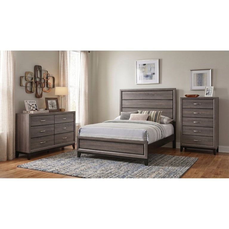 English Elm Sutter Grey Oak 3 Piece Bedroom Set with Panel Bed Dresser and Grooved Accents B2777S00405
