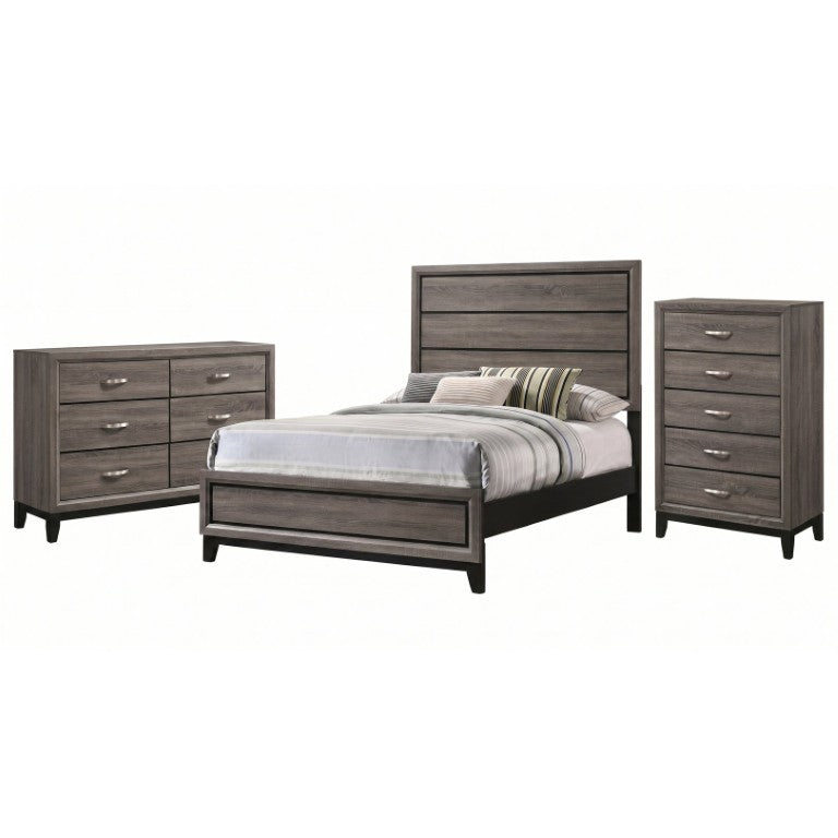 English Elm Sutter Grey Oak 3 Piece Bedroom Set with Panel Bed Dresser and Grooved Accents B2777S00405