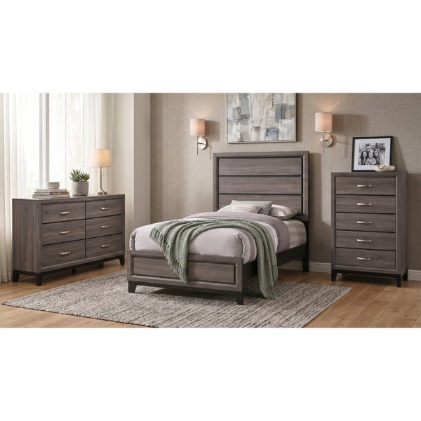 English Elm Sutter Grey Oak Twin Bedroom Set with Groove Panels Nickel Pulls and Ample Storage B2777S00406