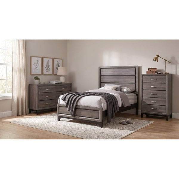English Elm Sutter Grey Oak Twin Bedroom Set with Groove Panels Nickel Pulls and Ample Storage B2777S00406