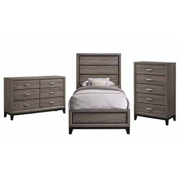 English Elm Sutter Grey Oak Twin Bedroom Set with Groove Panels Nickel Pulls and Ample Storage B2777S00406