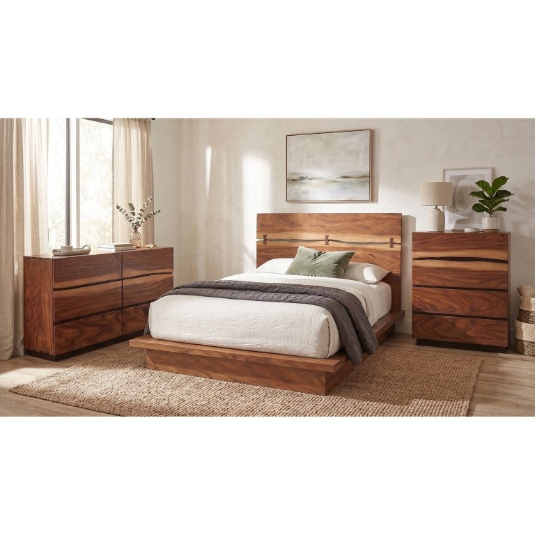 English Elm Ashcombe Smokey Walnut Queen Bedroom Set with Live Edge Headboard and Organic Grain B2777S00408