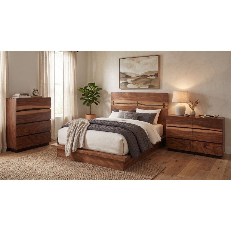 English Elm Ashcombe Smokey Walnut King Bedroom Set with Live Edge Panels and Floating Base B2777S00409