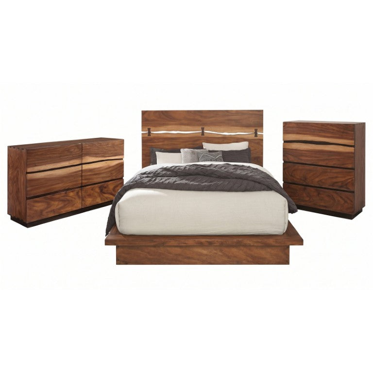 English Elm Ashcombe Smokey Walnut King Bedroom Set with Live Edge Panels and Floating Base B2777S00409